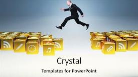  Presentation with bridge over troubled waters - Slide set consisting of gold emails - businessman man jump over icons background and a blonde colored foreground