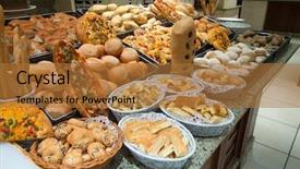  Presentation with product - PPT theme featuring gold factory - bakery product assortment with bread background and a red colored foreground