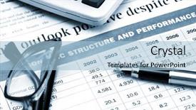  Presentation with financial statement - Cool new presentation with gold fountain pen eyeglasses and calculator on the table of financial statement backdrop and a light blue colored foreground