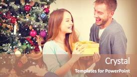  Presentation with christmas gift wrap - PPT theme consisting of gold guy - christmas gift happy couple background and a coral colored foreground