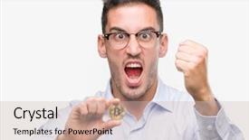  Presentation with special education young adult man - Beautiful PPT theme featuring gold guy - handsome young man holding bitcoin backdrop and a  colored foreground