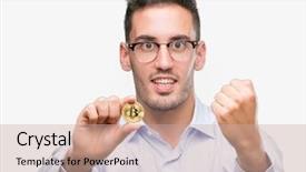  Presentation with holding hands old young - Amazing slide deck having gold guy - handsome young man holding bitcoin backdrop and a  colored foreground