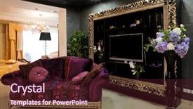  Presentation with house window - PPT theme having gold house - beautiful sofa at a window background and a wine colored foreground