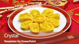  Presentation with food festival - Amazing PPT theme having gold ingot dumplings new year backdrop and a crimson colored foreground