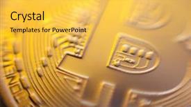  Presentation with bitcoin - PPT theme enhanced with gold logo - bitcoin currency coin extreme closeup background and a  colored foreground