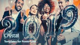  Presentation with new years eve - Audience pleasing PPT theme consisting of gold man - party people women and men backdrop and a ocean colored foreground