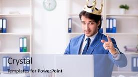  Presentation with office king - Presentation design enhanced with gold man laptop - young king businessman working background and a light blue colored foreground