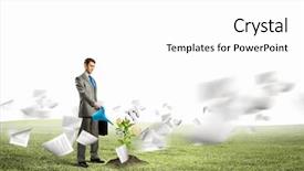  Presentation with gold start - PPT theme enhanced with gold man start - image of businessman watering money background and a  colored foreground