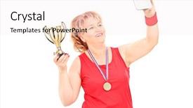  Presentation with trophy - PPT layouts with gold medalist - woman in sportswear holding trophy background and a  colored foreground