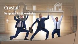  Presentation with real estate - Colorful slide set enhanced with gold men team - businessmen holding giant key backdrop and a coral colored foreground