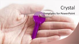  Presentation with purple gold - Amazing slide deck having gold open door - purple key in a hand backdrop and a sky blue colored foreground