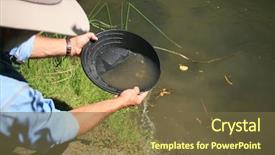 Presentation with rich man - Slides featuring gold panning man striking it rich by finding the mother lode or at least a nugget or two background and a tawny brown colored foreground