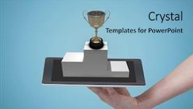  Presentation with gold trophy - Slide deck having gold pc - digital composite of person holding background and a light blue colored foreground