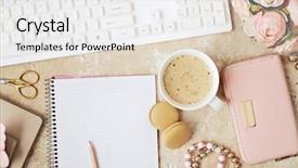  Presentation with diary - Beautiful slide deck featuring gold pc - workspace with notebook keyboard sketchbook backdrop and a white colored foreground