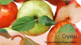  Presentation with apple pear - Theme enhanced with gold pear with green and red apple with half isolated over white background background and a red colored foreground