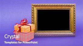  Presentation with red gold - Audience pleasing presentation design consisting of gold photo frame and orange gift box with red ribbon on blue background backdrop and a violet colored foreground