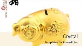  Presentation with pig year - PPT theme consisting of gold piggy bank chinese black background and a yellow colored foreground
