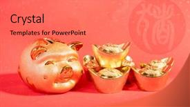  Presentation with piggy bank - Presentation theme enhanced with gold piggy bank chinese text background and a gray colored foreground