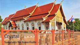  Presentation with gold red - Beautiful PPT theme featuring gold-plated entrance to a buddhist temple in northern thailand the roof of the temple - red with gilt edges fencing of the temple is decorated with bronze bells backdrop and a coral colored foreground