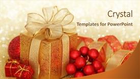  Presentation with christmas balls disco ball - PPT theme having gold present - christmas gift box with christmas background and a cream colored foreground
