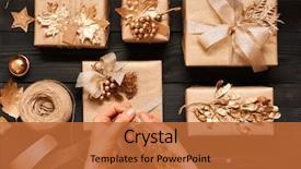  Presentation with christmas gift wrap - Presentation design consisting of gold ribbon - woman wrapping christmas gifts creatively background and a red colored foreground