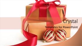  Presentation with gift - Presentation enhanced with gold ribbon sales - christmas gift box with bauble background and a coral colored foreground