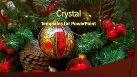  Presentation with christmas lights bulb decoration - Slide set having gold ribbon shiny stars - christmas decorations on the branches background and a tawny brown colored foreground