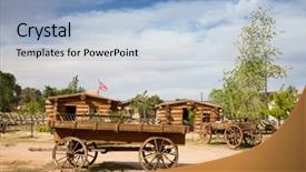  Presentation with wild wild west - Colorful presentation design enhanced with gold rush - historial outpost of the wild backdrop and a light blue colored foreground