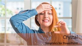  Presentation with face head in anatomy - Presentation enhanced with gold sick - redhead woman holding bitcoin cryptocurrency background and a red colored foreground