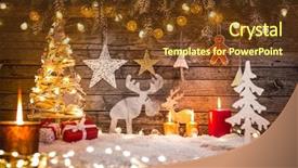  Presentation with decoration - Theme featuring gold sphere - christmas decoration on wooden background background and a tawny brown colored foreground