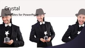  Presentation with white gold award - Presentation theme enhanced with gold stars sports - businessman with star award isolated background and a lemonade colored foreground