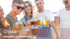  Presentation with get out - Slide set featuring gold talking - group of friends hanging background and a coral colored foreground