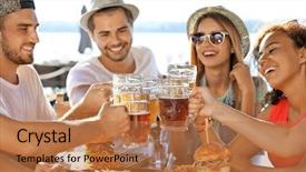  Presentation with together - Cool new theme with gold talking - group of friends hanging backdrop and a coral colored foreground