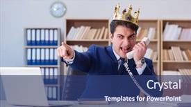  Presentation with office king - Beautiful PPT theme featuring gold talking - king businessman working backdrop and a ocean colored foreground