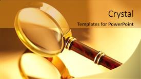  Presentation with blonde holds a magnifying glass - PPT theme with gold vintage magnifying glass background and a gold colored foreground