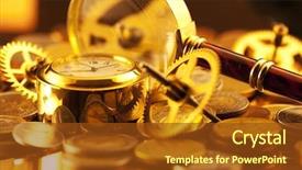  Presentation with gears gold - Slide set featuring gold watches coins gears and magnifying glass background and a tawny brown colored foreground