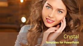  Presentation with shiny gold - Amazing presentation design having golden beautiful fashion woman model with shiny healthy long volume hair waves curls updo volume hairstyle hair salon girl with luxurious haircut on gold background backdrop and a tawny brown colored foreground