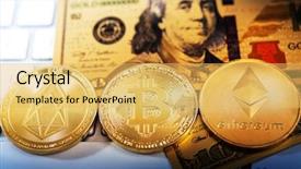  Presentation with money bitcoin - Audience pleasing slide set consisting of golden bitcoin and mound backdrop and a yellow colored foreground