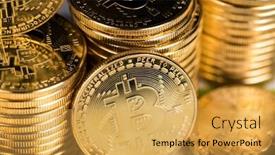  Presentation with money bitcoin - PPT theme consisting of golden-bitcoin-coin-virtual-money background and a yellow colored foreground