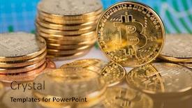  Presentation with money bitcoin - PPT theme featuring golden-bitcoin-coin-virtual-money background and a gold colored foreground