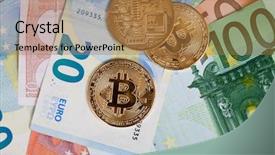  Presentation with money bitcoin - Slide deck having golden bitcoin cryptocurrency on euro background and a coral colored foreground