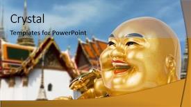  Presentation with buddha - Colorful slide deck enhanced with bronze antique figurine - golden buddha souvenir over china backdrop and a light blue colored foreground