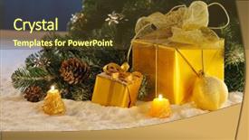  Presentation with burn - PPT theme having golden christmas gift boxes with burn candles under decorated fir on snow background and a tawny brown colored foreground
