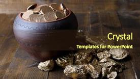  Presentation with gold coins and jewelry - Presentation theme featuring golden coins in ceramic pot background and a wine colored foreground