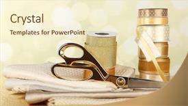  Presentation with fabrics - Theme having golden color - ribbons with scissors and fabrics background and a cream colored foreground