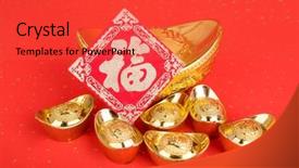  Presentation with chinese calligraphy - Theme featuring golden dragon - chinese gold ingot mean symbols background and a red colored foreground