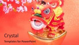  Presentation with traditional dancing - Cool new PPT theme with golden dragon - chinese traditional dancing lion backdrop and a coral colored foreground
