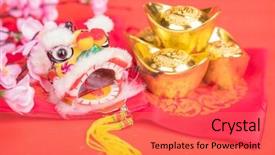  Presentation with traditional dancing - Slides enhanced with golden dragon - chinese traditional dancing lion background and a coral colored foreground