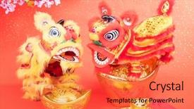  Presentation with traditional dancing - PPT layouts consisting of golden dragon - chinese traditional dancing lion background and a red colored foreground