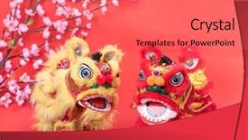  Presentation with traditional dancing - Audience pleasing PPT theme consisting of golden dragon - chinese traditional dancing lion backdrop and a coral colored foreground